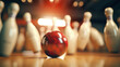 Close up view of bowling pins being hit by bowling ball.