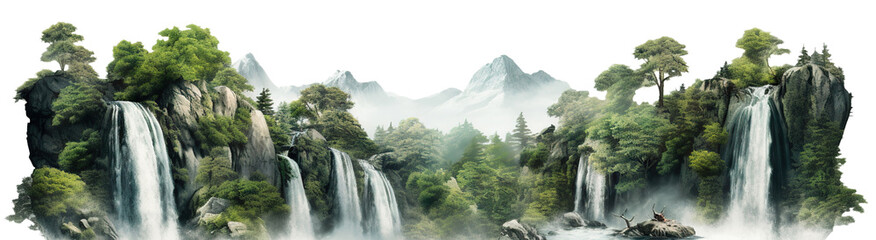 Wall Mural - Cascading waterfalls in a lush green place, cut out