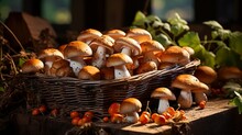 Freshly Gathered Porcini Mushrooms Are Nestled Among