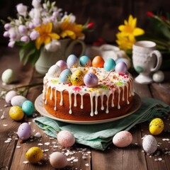 Easter cake along with multi-colored painted eggs. Traditional Easter spring food on wooden background