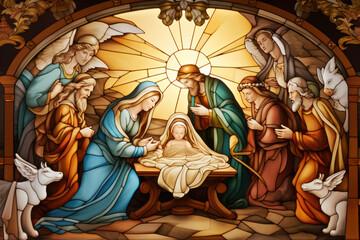Wall Mural - Christmas Christian religious Nativity Scene of baby Jesus with Mary, Joseph and star