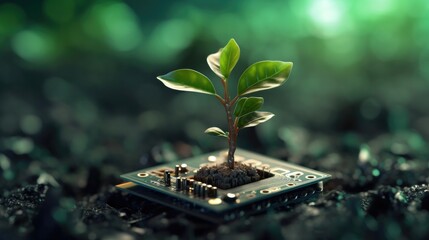 the concept of nature emerging from a computer chip, signifying new life and an eco-friendly concept that combines technology with the natural world.
