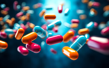 colorful capsules and pills floating in air with blue background, concept of pharmaceutical medicati