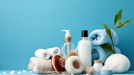 natural cosmetics, ingredients and bathroom or spa accessories arranged on blue banner background, Generative AI