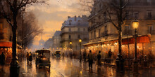 Portrait Of A Street Scene At Dusk, Bustling City Life, Soft Focus, Parisian Ambiance, Warm Glowing Street Lamps