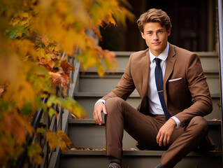 Wall Mural - Outdoor senior portrait in autumn, charismatic young man with a casual blazer, sitting on aged wooden steps