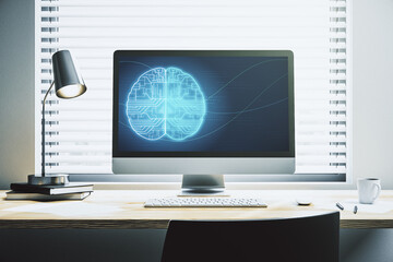 Wall Mural - creative artificial intelligence concept with human brain sketch on modern laptop monitor. 3d render