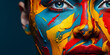Surreal close-up portrait, hyper-saturated colors, face painted in abstract art, sharp textures