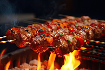 Wall Mural - skewers of meat being cooked on a grill. gourmet grilled meat skewers