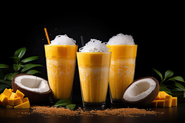 Wall Mural - mango smoothies with coconut on dark background