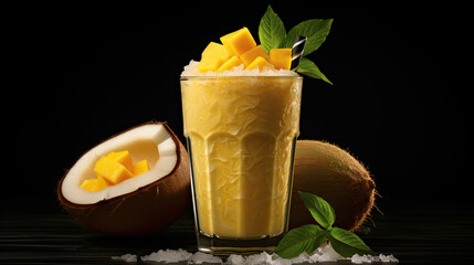 Wall Mural - mango smoothies with coconut on dark background