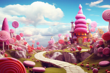 Wall Mural - Colorful pastel candy landscape. pink castle or palace in the land of sweets. road among sweets and lollipops