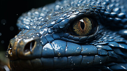 Wall Mural - Blue viper snake closeup face head of viper snake black background. generative ai