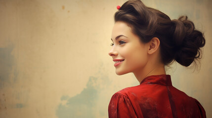 Poster - Portrait of young european fashionable female model, shot from the side, smiling, looking to the side, vibrant vintage paper texture background