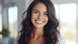 © mfz - Big bright white smile headshot with a beautiful brunette woman sincere happy cheerful positive expression. generative ai.