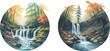Waterfall landscape in round shape vector set