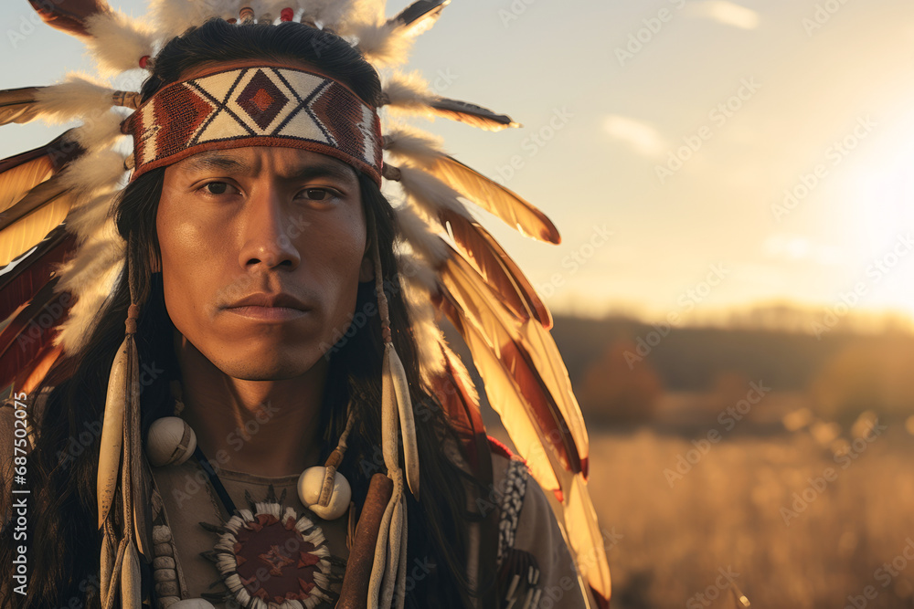 Portrait of native American Indian red wearing traditional dress with bird feature headdress with field meadow and grass nature with copy space background.
