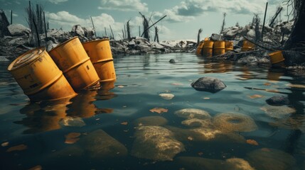 Nuclear waste drum Radioactively contaminated water background wallpaper AI generated image