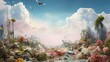 Garbage waste Trash in beautiful nature background wallpaper AI generated image