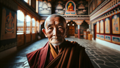 Portrait of an old Buddhist Monk against a temple background