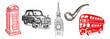 Set of great London symbols - Big Ben, telephone, Double Decker Bus, taxi black cab vector illustration