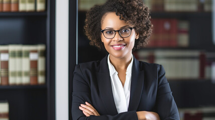 Wall Mural - Portrait, lawyer and young black woman smile and happy standing against bookshelf. African attorney, technology and face of professional, female advocate and legal advisor in law firm.