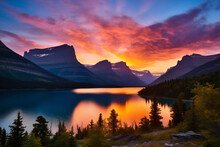 Beautiful Colorful Sunset Over St. Mary Lake And Wild Goose Island In Glacier National Park