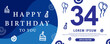 34 year celebration Creative Happy Birthday Text. Blue color decorative banner design, Vector illustration.