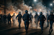 Night riots in the city and a lot of armed police controlling the streets amid smoke and fire.Emergency, explosion, catastrophe, apocalypse, war concepts