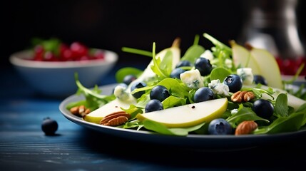 Wall Mural - Salad with Pear, Arugula, Blue Cheese, Nuts and Blueberry, Delicious Fresh Salad on Bright Background : Generative AI