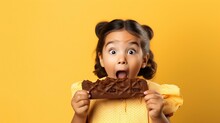Adorable funny astonished little girl with dark hair in summer clothes making face while looking at delicious chocolate ice cream bar against yellow background : Generative AI