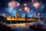 Fototapeta Big Ben - Firework display in London celebrated on New Year Day
