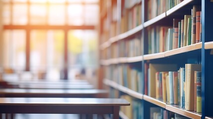 Fototapete - Abstract blurred empty college library interior space. Blurry classroom with bookshelves by defocused effect. use for background or backdrop in book shop business or education resource : Generative AI