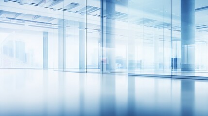 Blurred abstract background interior view looking out toward to empty office lobby and entrance doors and glass curtain wall with frame - blue white balance processing style : Generative AI