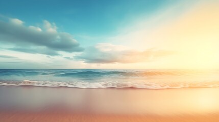Aufkleber - Summer holiday concept. Abstract blur beach with yellow and blue sky sunrise background : Generative AI