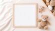 Blank square wooden frame mockup for nursery art or pregnancy announcement display, flat lay with baby toys and accessories. : Generative AI