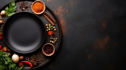 Aufkleber - An empty black plate on a dark concrete background with spices, herbs and cutlery. Home dinner cooking : Generative AI