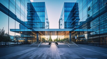 Wall Mural - From below of entrance of office building next to contemporary high rise structures with glass mirrored walls and illuminated lights in calgary city against cloudless blue sky : Generative AI