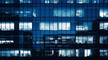 Pattern Of Office Buildings Windows Illuminated At Night. Glass Architecture ,corporate Building At Night - Business Concept. Blue Graphic Filter. : Generative AI