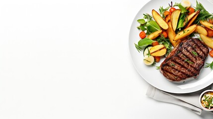 Wall Mural - Top view of delicious grilled beef steak and rustic potatoes wedges with vegetable salad served on plate on white background : Generative AI
