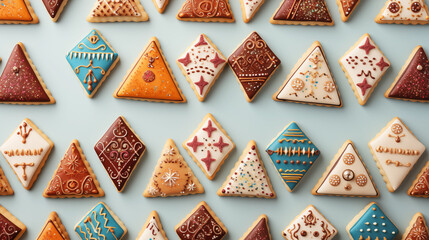 Happy Purim pattern hamantaschen cookies on pastel background. (Happy Purim in Hebrew, jewish holiday celebrate)