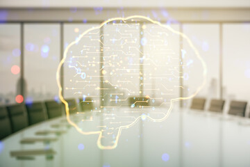 Wall Mural - double exposure of creative human brain microcircuit hologram on a modern boardroom background. futu