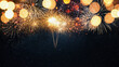 Beautiful golden fireworks on the starry sky with a yellow bokeh light.  New Year 2024 and Christmas card