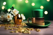 Leprechaun's green hat and scattered gold coins on the table. Concept for Saint Patrick's Day celebration. Traditional Irish celebration day.