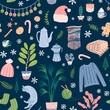 Happy New Year 2024 seamless pattern. Vector winter holiday background with teapot, tea, coffee pot, macrame, cookies, candy, houseplant