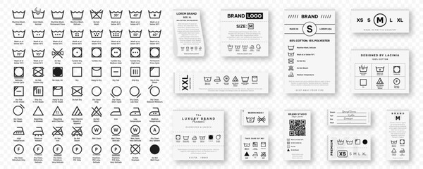 laundry label collection with care symbols and washing instructions. laundry care tags with washing,
