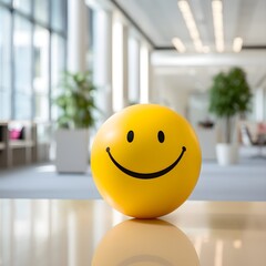 Yellow smiley face ball in a office, work force team work concept, happy working environment 