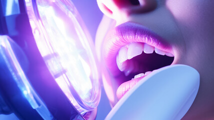 Wall Mural - Closeup photo of special UV light lamp for teeth whitening in patients mouth.
