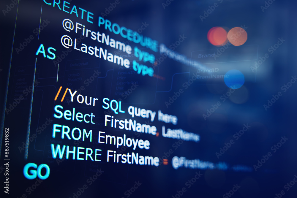Developer or programmer's text editor showing SQL (Structured Query Language) code on computer monitor and server room background. Example of SQL code to query data from a database.