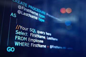 Wall Mural - developer or programmer's text editor showing sql (structured query language) code on computer monit